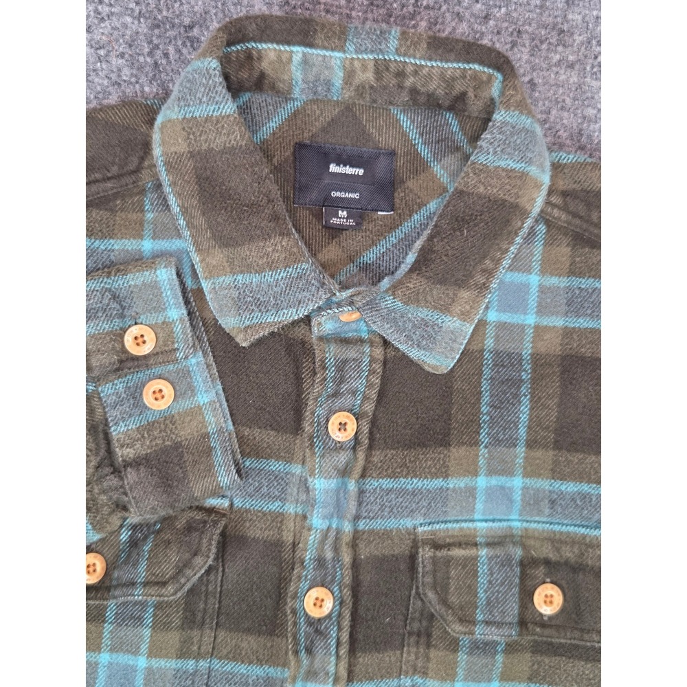 Finisterre Organic Cotton Flannel Shirt Mens Medium Plaid Button Down Green Blue